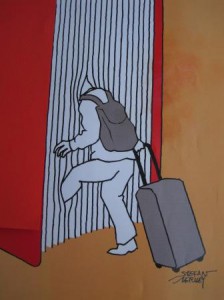 man loopt in boek